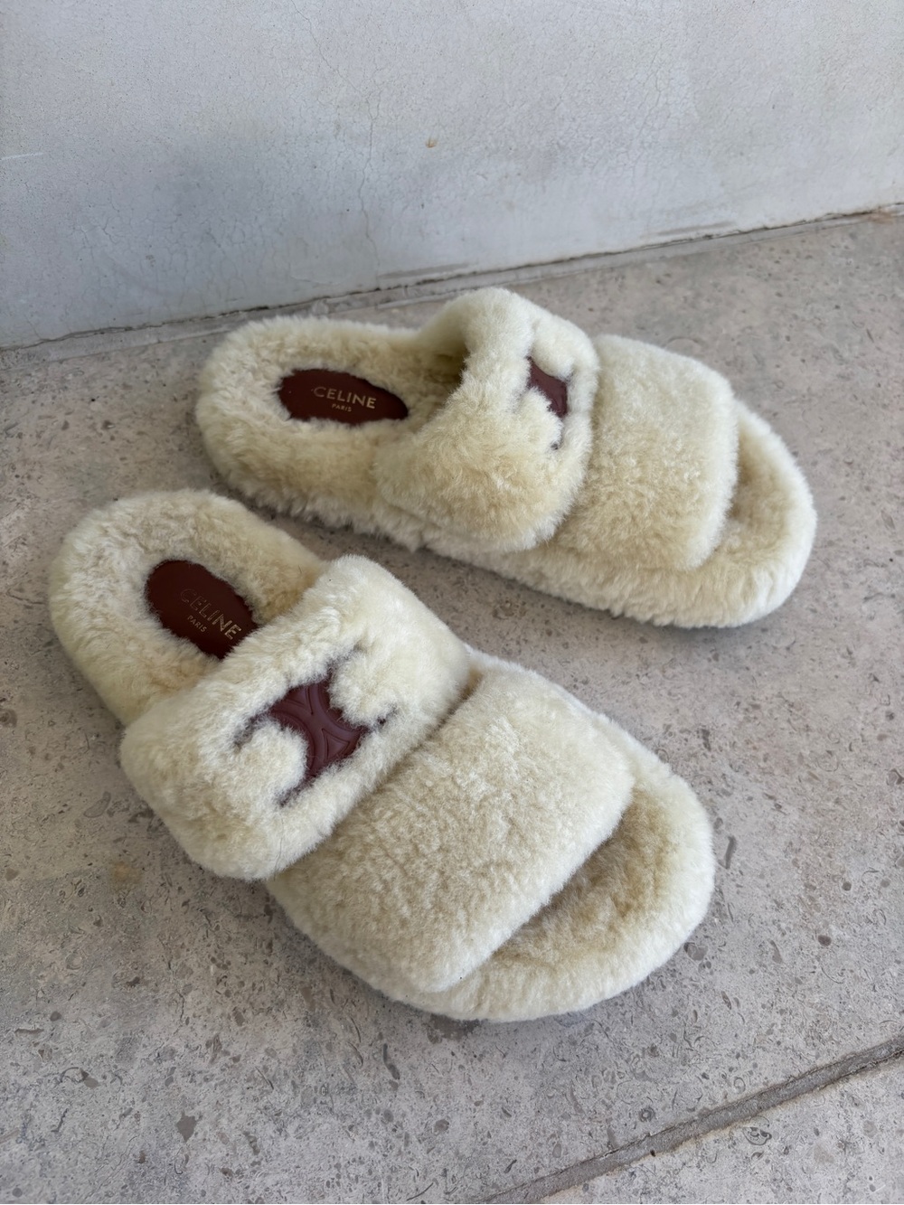 Celine Cream Shearling Double-Strap Slide Sandals with Brown Logo
